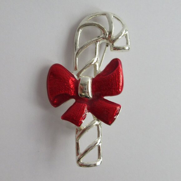 Source Unknown Jewelry - Candy Cane Brooch Pin Enamal Red Bow Holiday Christmas Silver Tone Openwork